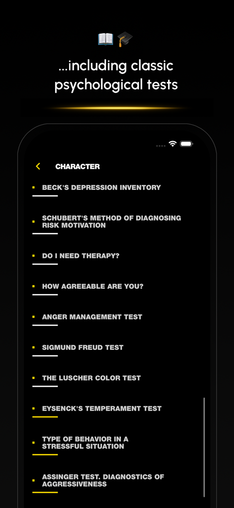 Mobile app interface showing a list of character tests including Beck depression inventory and Freud personality theory