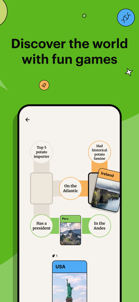 Spark: Puzzles for the Curious - A screenshot of the Spark Puzzles for the Curious app showing a geography logic game where players connect facts to countries like Ireland and Peru