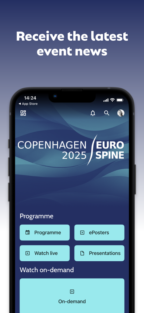 Panel de la aplicación EUROSPINE para el evento de Copenhague 2025 con accesos directos para programa, transmisión en vivo y presentaciones
