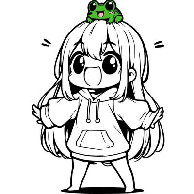 a excited chibi girl whith long hair and a baggy shirt whith a frog on there head