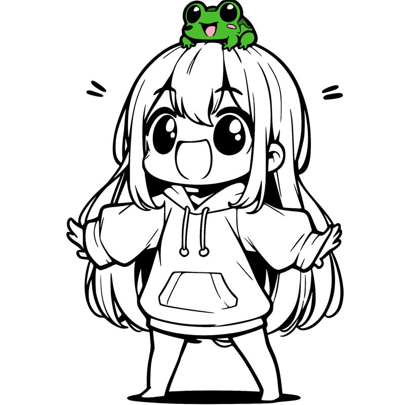 a excited chibi girl whith long hair and a baggy shirt whith a frog on there head
