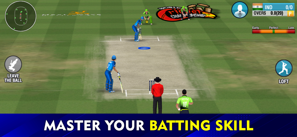 Gameplay screenshot of World Cricket Championship 2 showing a batsman on the pitch with on-screen batting controls