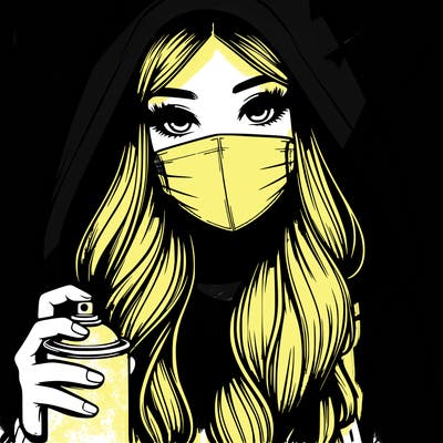 girl wearing a mask with long hair with her hood up spray-painting realistic