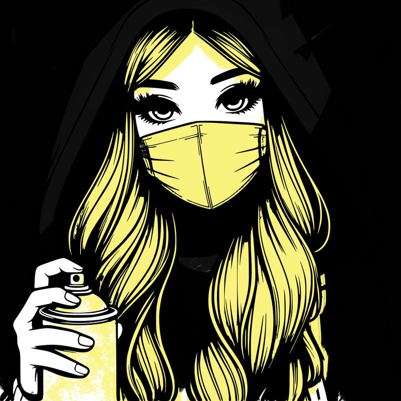 girl wearing a mask with long hair with her hood up spray-painting realistic