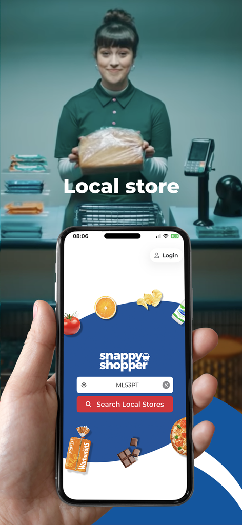SnappyShopper Grocery Delivery - A hand holding a smartphone showing the Snappy Shopper app search screen for local stores with a shop assistant in the background.