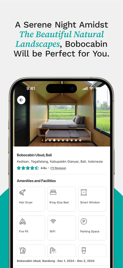 Smartphone screen showing the Bobobox app with a Bobocabin room in Ubud Bali overlooking green fields