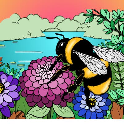 realistic bumblebee sitting on a xenia by a river