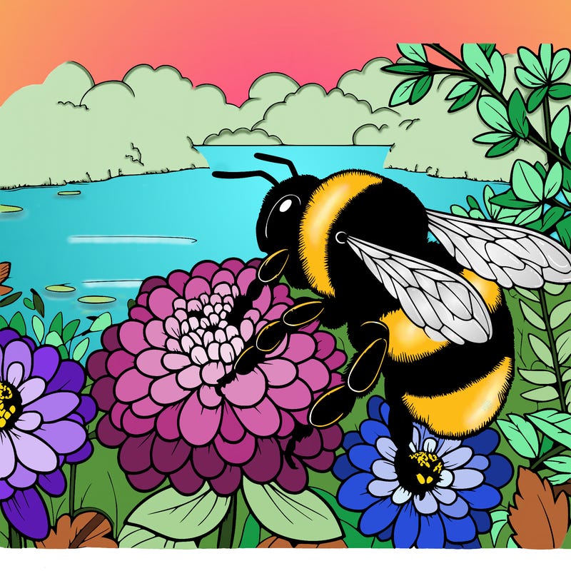 realistic bumblebee sitting on a xenia by a river