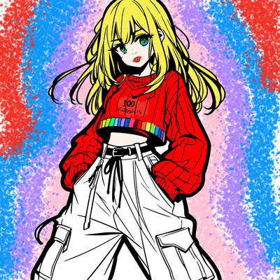 anime teen girl with baggy pants and crop top with sweater