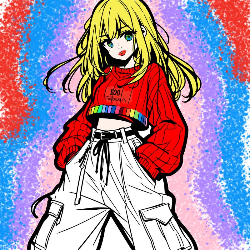 anime teen girl with baggy pants and crop top with sweater