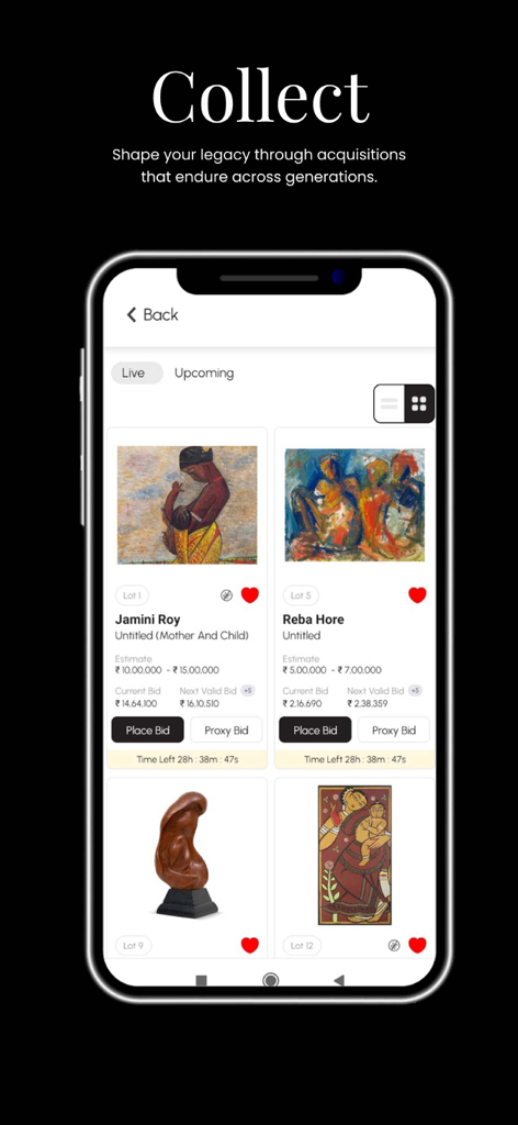 AstaGuru Auction House - Interface of the AstaGuru app showing live auctions for Modern Indian Art with options to place or proxy bids.