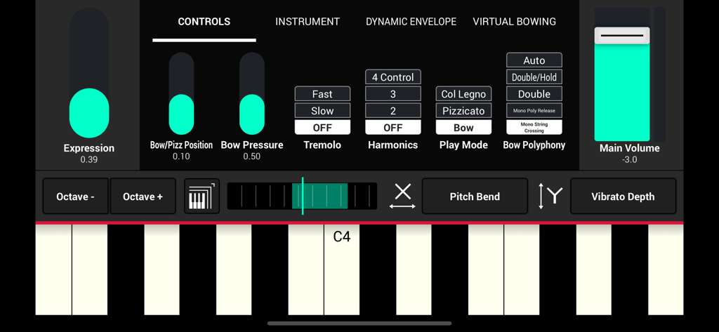 Performance controls and virtual keyboard interface in the SWAM Violin app