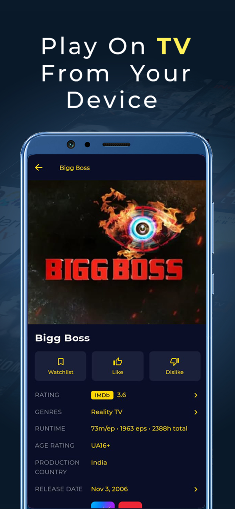 Movie Plex - Movies & TV Shows - Tela do aplicativo Movie Plex mostrando detalhes do programa Bigg Boss com opções para adicionar à lista de reprodução e reproduzir na TV
