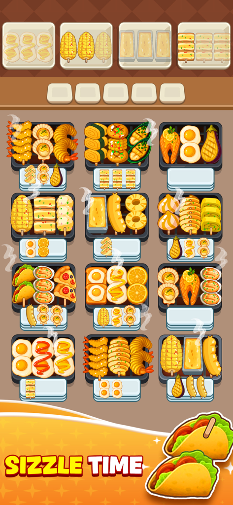 Skewer Jam: Food Games - Gameplay screenshot of Skewer Jam showing various BBQ food items on grills being sorted into top boxes.