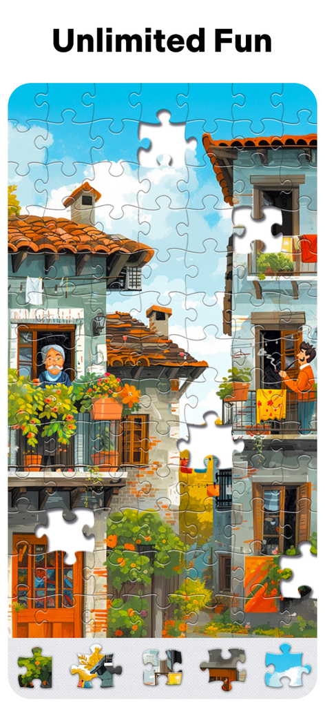 Jigsaw Puzzles for Adults HD - Interfaz de puzzle de rompecabezas digital que muestra una ilustración artística de coloridos edificios de la ciudad.