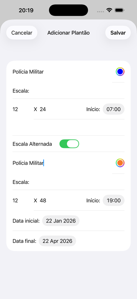 Plantão Fácil - Interface para configurar um cronograma de plantões policiais alternados no aplicativo Plantao Facil.