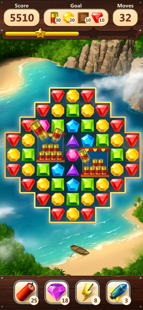 Jewels Planet  - Match 3 Game - Jewels Planet Match 3 puzzle level featuring colorful gems on a tropical beach background