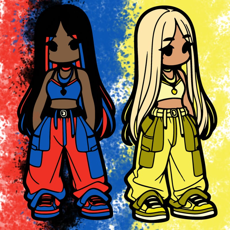 girl in baggy pants crop top and long hair