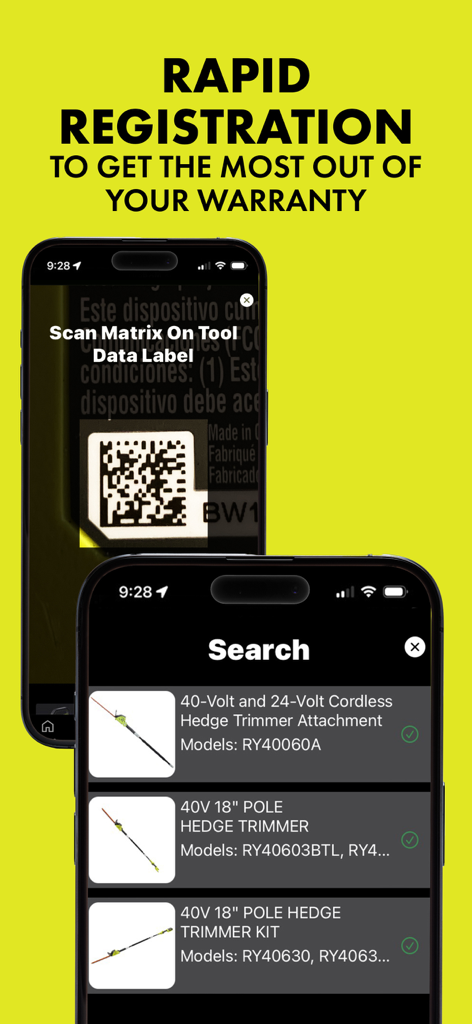 Ryobi App-Oberfläche, die das Scannen von Barcodes zur Werkzeugregistrierung und eine Liste von 40V Akku-Heckenscheren anzeigt