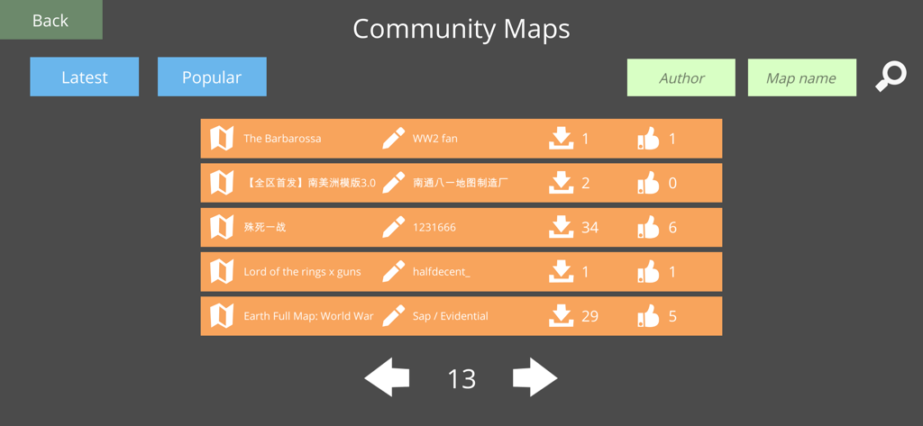 Armchair Commander - List of user-created community maps in Armchair Commander showing historical missions and custom scenarios.