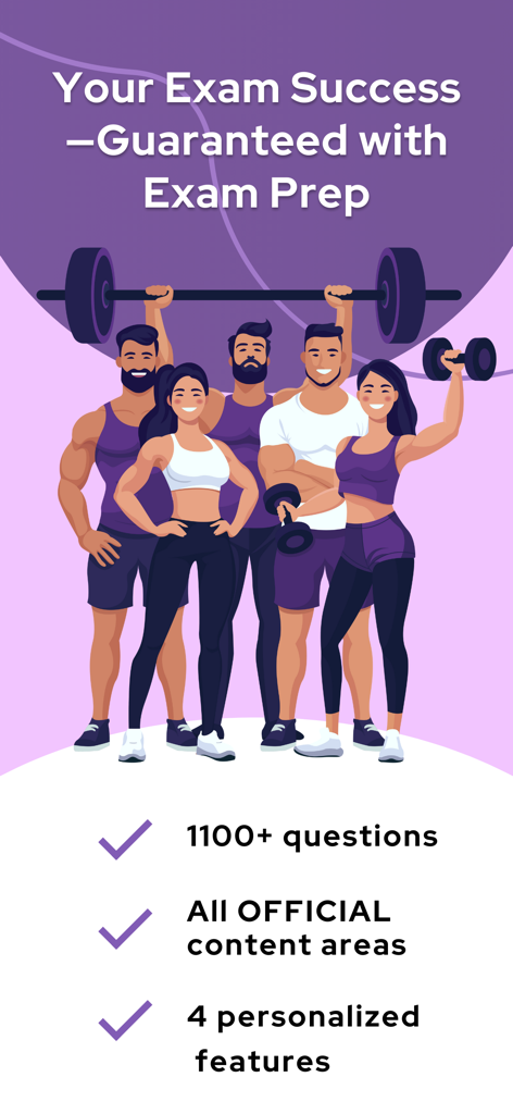 Introductory screen for the NSCA CSCS Exam Prep app featuring an illustration of fitness professionals and key study features.