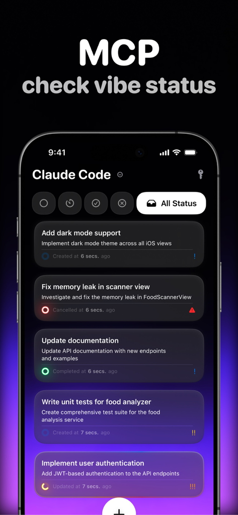 MCP Client - Interface of MCP Client app displaying a list of technical tasks synced from an AI assistant