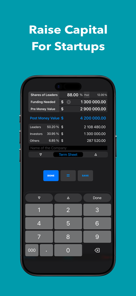 Simulfund * Startup Funding - スタートアップの資金調達と評価のための金融計算機を表示するSimulfundアプリのインターフェイス