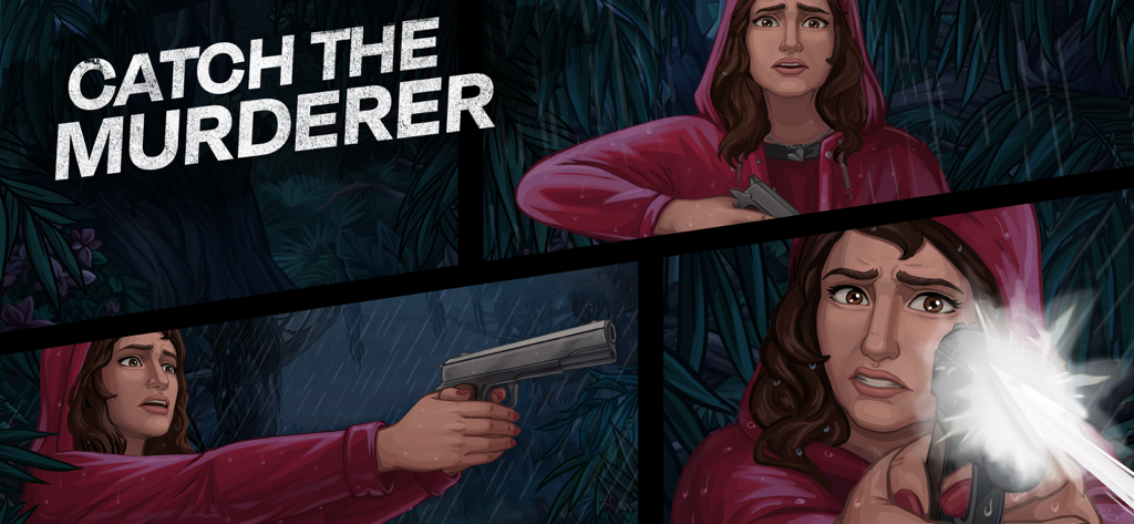 Comic style panels of Carla Page in a red hoodie aiming a handgun in the rain with text Catch the Murderer