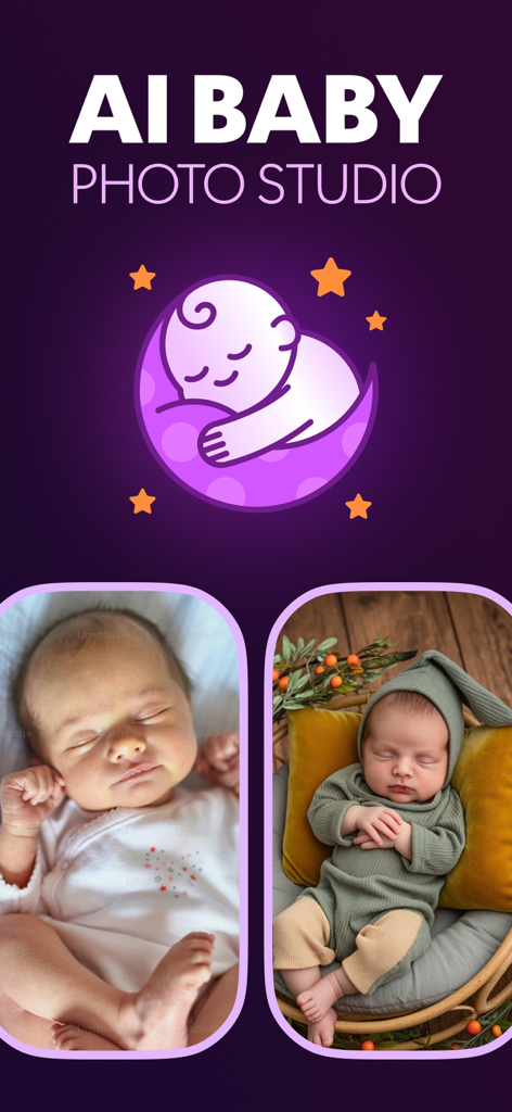 Baby AI Photo Studioアプリのスクリーンショット。2つのプロフェッショナルな新生児ポートレートを表示
