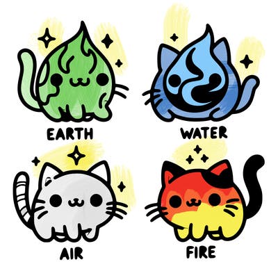4 cats that represent the different elements, earth, water, air, and fire