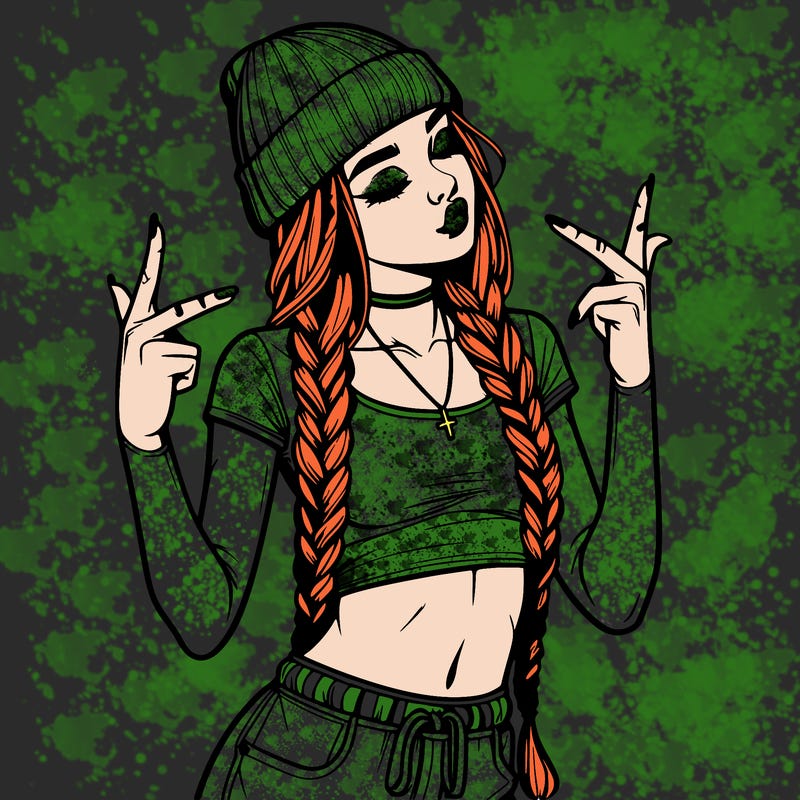 realistic teenage girl with braids and a beanie and crop top doing 🫶🏼