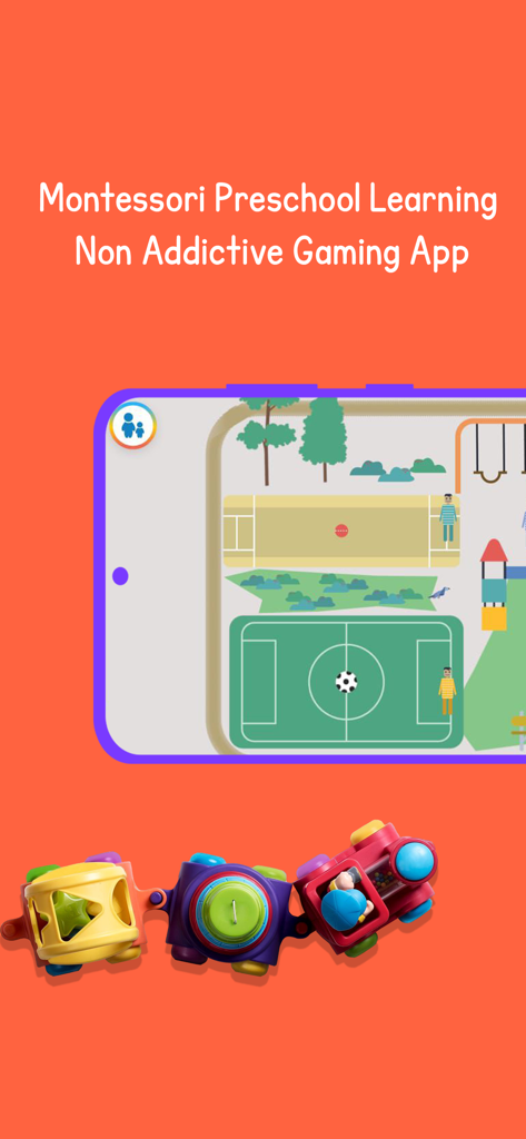 Turtlebee Montessori Preschool - Interfaz de la aplicación Preescolar Montessori Turtlebee que muestra un patio de juegos digital y un tren de juguete colorido