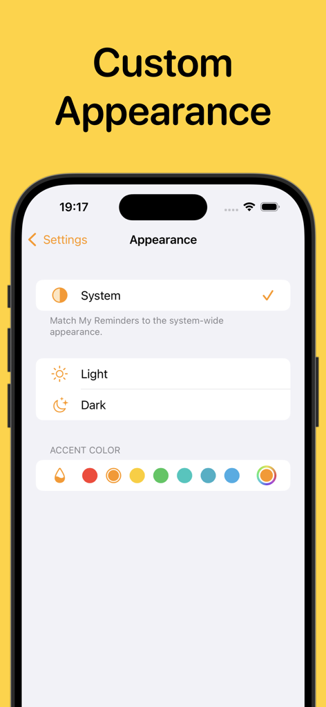 Reminders: Remind Things To Do - Configuración de apariencia de la aplicación Recordatorios que muestra opciones de tema y color de acento