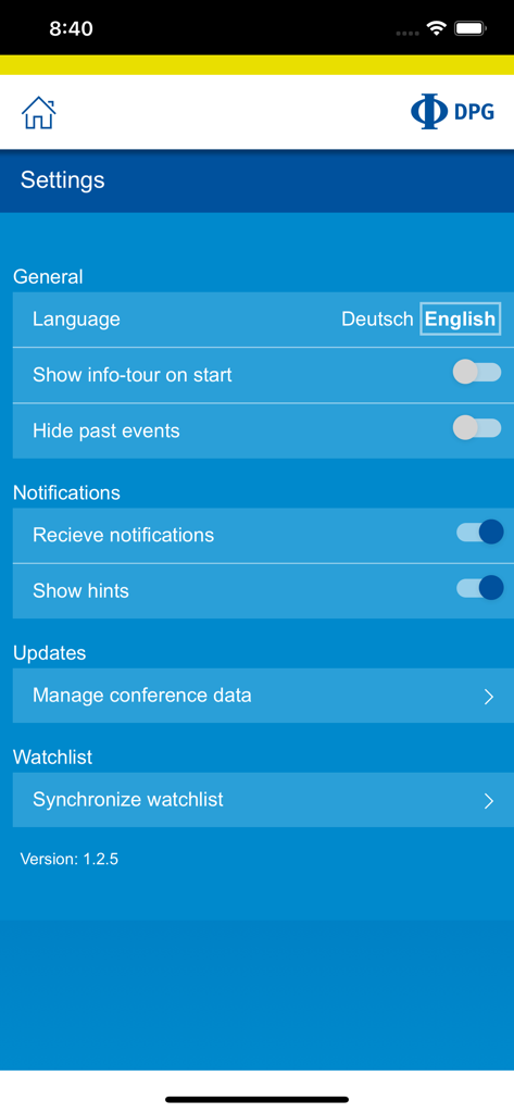 DPG Spring Meetings - DPG 봄 학회 앱의 설정 화면으로, 언어 기본 설정 및 알림 설정을 보여줍니다.