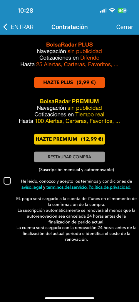 Tela de planos de assinatura do BolsaRadar mostrando os níveis de preços Plus e Premium para dados de mercado em tempo real