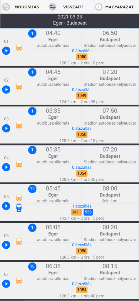 iMenetrendek - Hungarian public transport search results for bus and train routes from Eger to Budapest