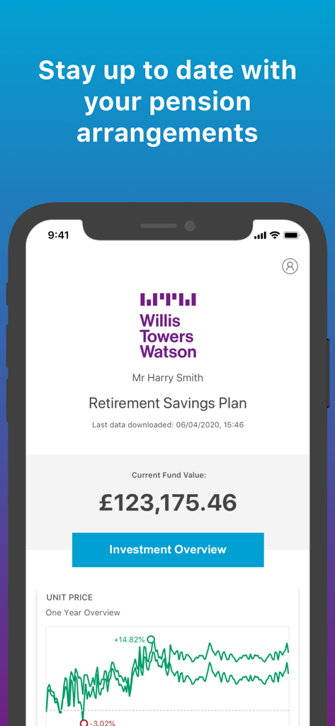Track My Pension - Smartphone screen showing the Track My Pension app with a fund balance and investment performance graph