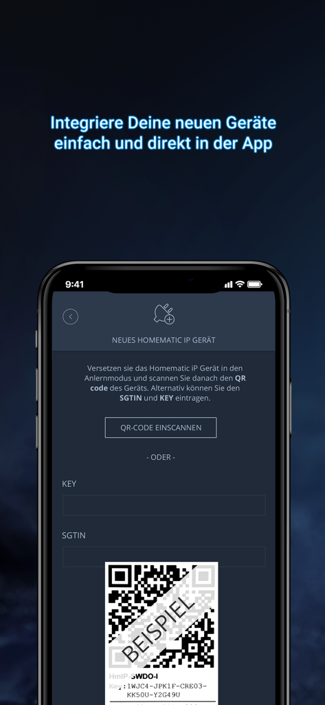 mediola IQONTROL NEO - Mediola IQONTROL NEO app interface for adding a new smart home device via QR code scanning