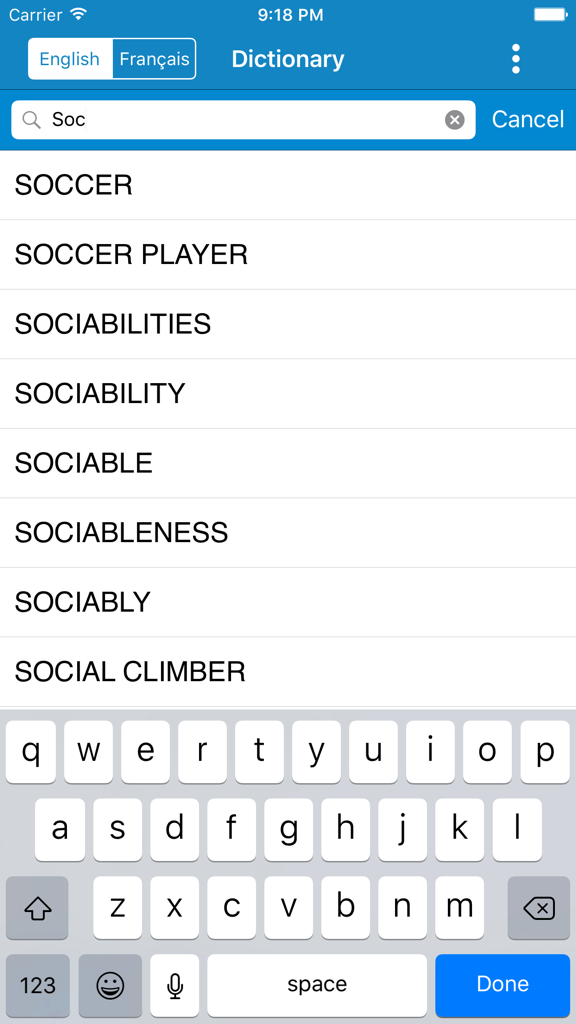 French To English & English to French Dictionary - Search interface of the French English dictionary app showing word suggestions for soccer and sociability