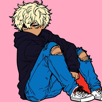 a male hoddie ripped jeans messy hair anime