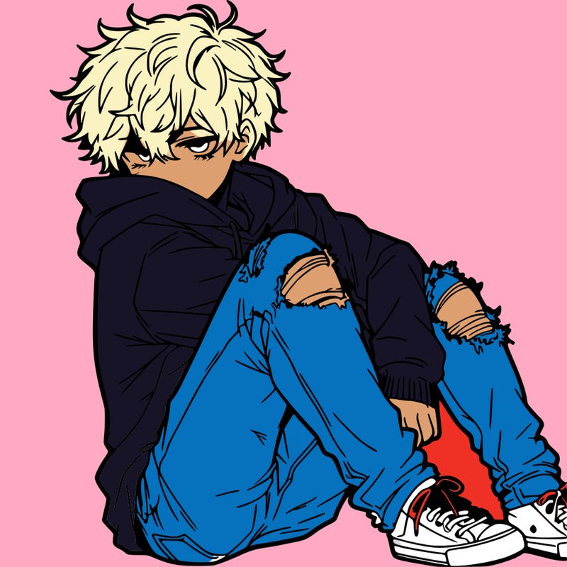 a male hoddie ripped jeans messy hair anime