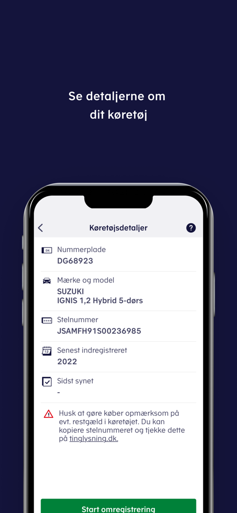 Ejerskifte - A screenshot of the Ejerskifte app showing detailed vehicle information including license plate and car model before starting a registration transfer