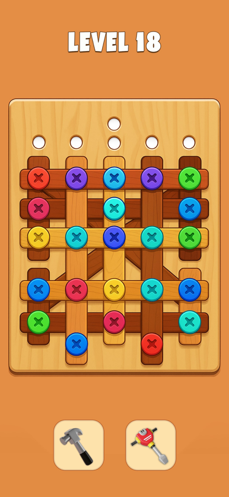 Nuts & Bolts Screw Jam Game - Gameplay screenshot of Nuts and Bolts Screw Jam showing a logic puzzle with colorful screws on a wooden board