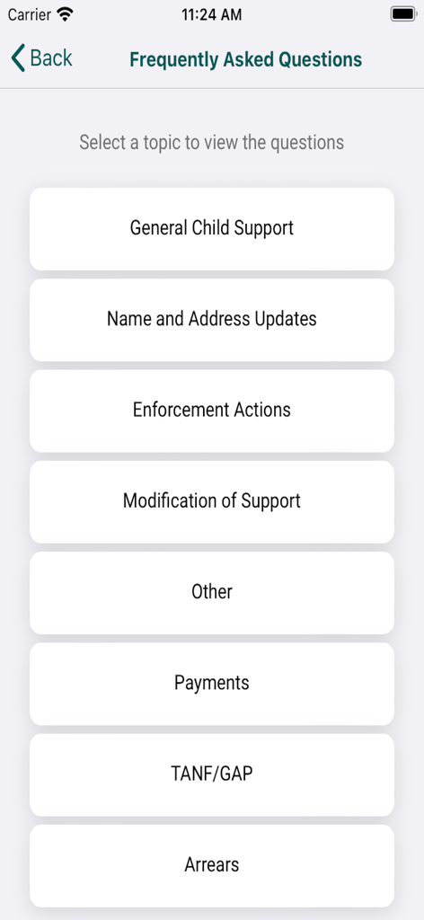 GA DCSS - Frequently Asked Questions screen listing child support topics in the GA DCSS app