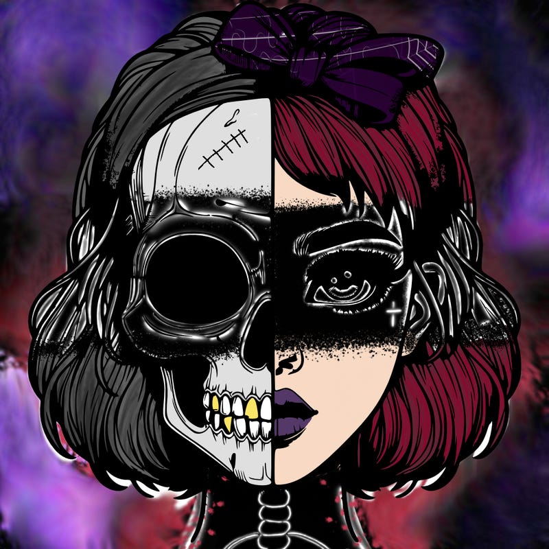 realistic girl with half skull mask