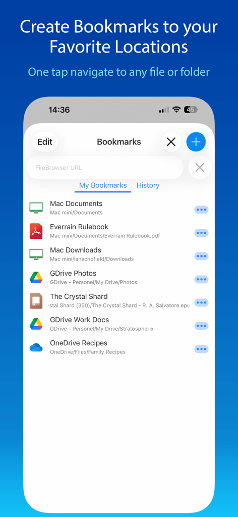 FileBrowser app bookmarks screen displaying various network and cloud storage shortcuts.