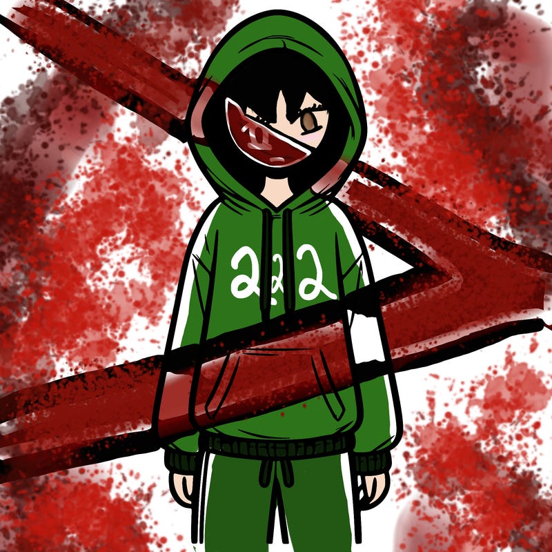 faceless girl in a tracksuit with a hood on and no hair