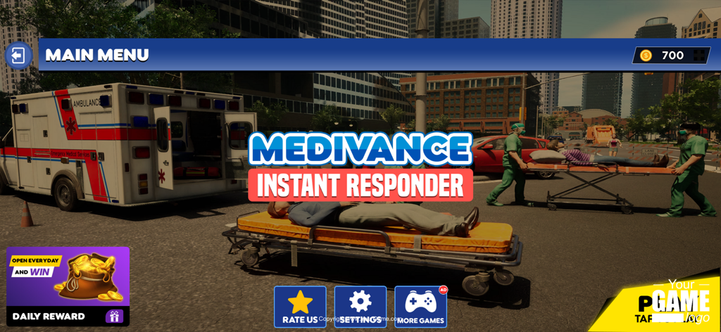 Ambulance Rescue Duty Game 3d - Menú principal de Ambulance Rescue Duty Game mostrando paramédicos transportando a un paciente junto a una ambulancia en una ciudad.