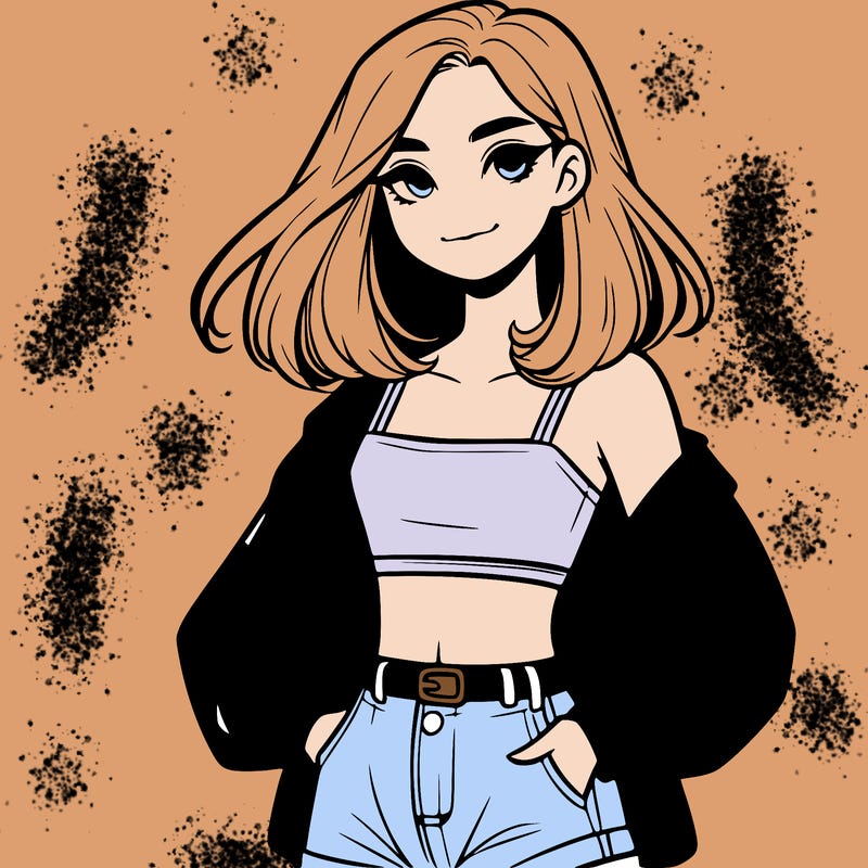 a realistic girl with a crop top and short shorts in an open jacket