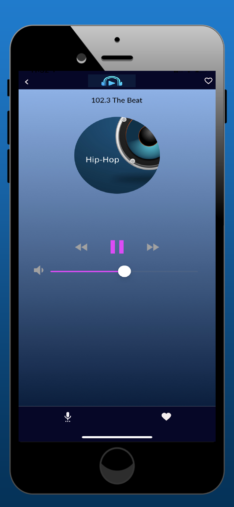 102.3 FM Radio Stations App - 102.3 FM Radio Stations App playback screen showing 102.3 The Beat playing Hip Hop music on an iPhone.